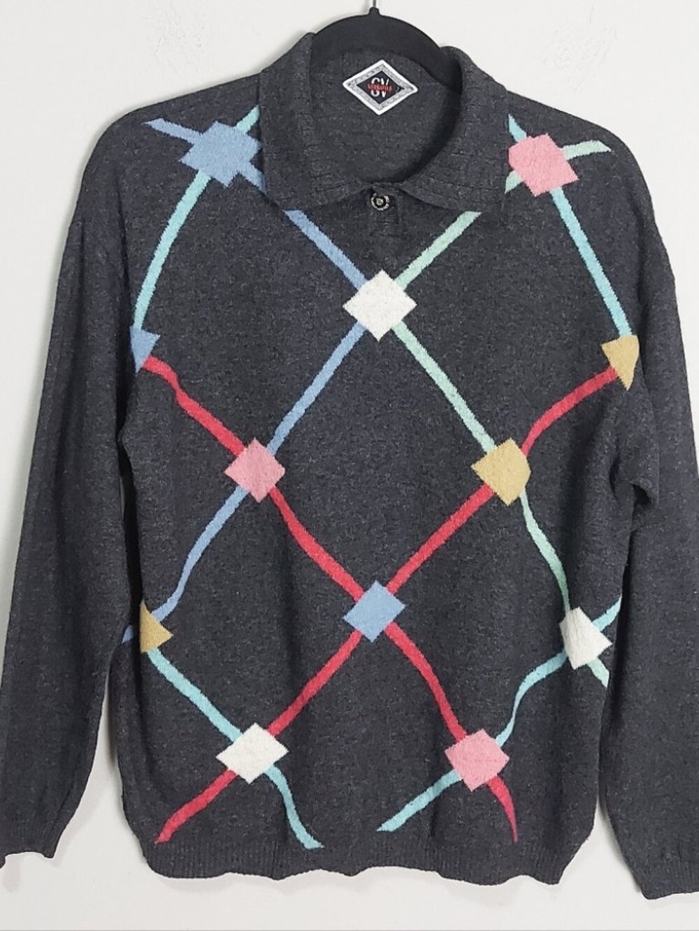 VTG Gianni Versace Women Argyle Sweater Large Diamond Soft Stretch Button Collar